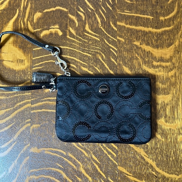 Coach Handbags - Coach Black Small Signature C Satin with Sequins Wristlet